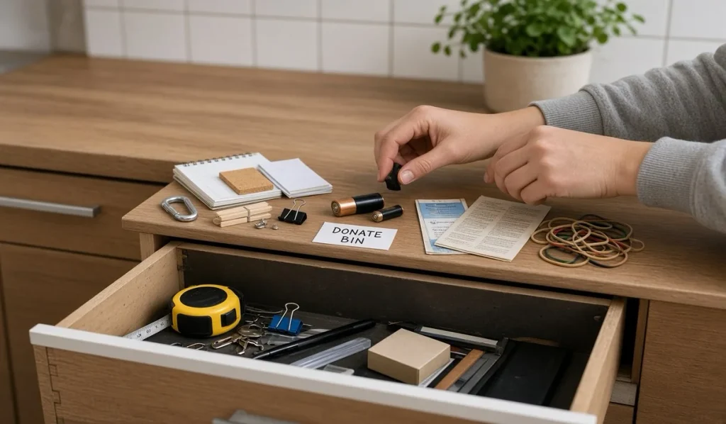 Sorting a kitchen junk drawer while learning how to organize a small house one drawer at a time.