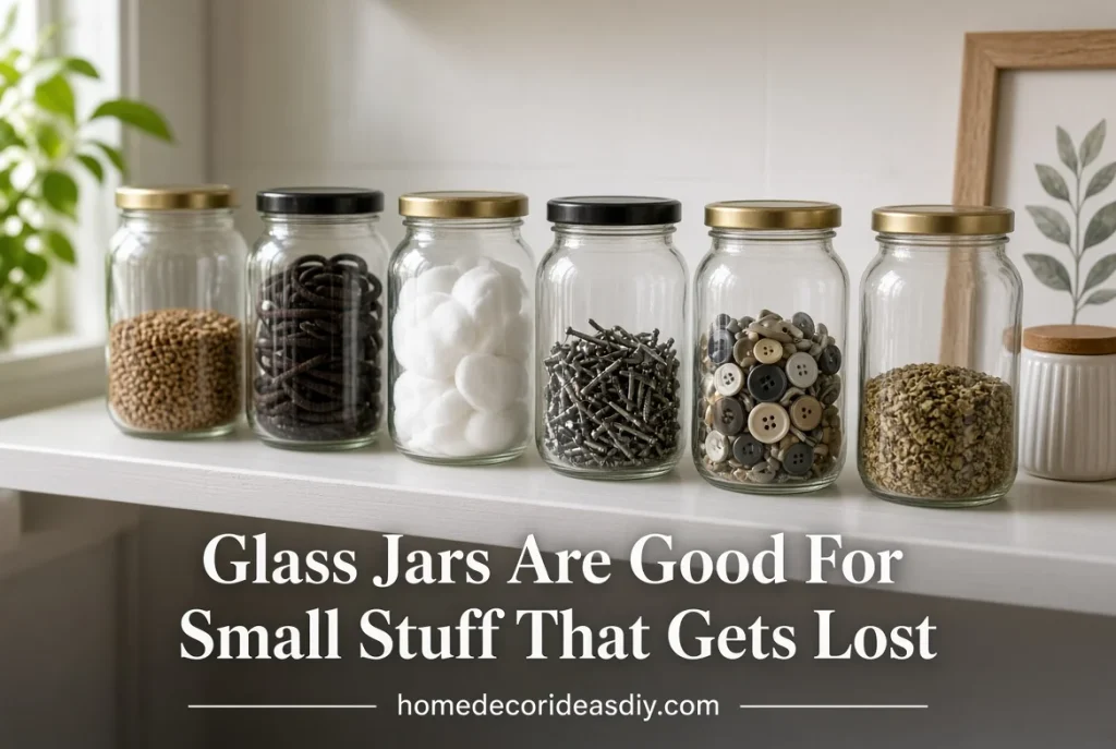 Glass jars storing small items like buttons, cotton pads and screws for budget small home organization.