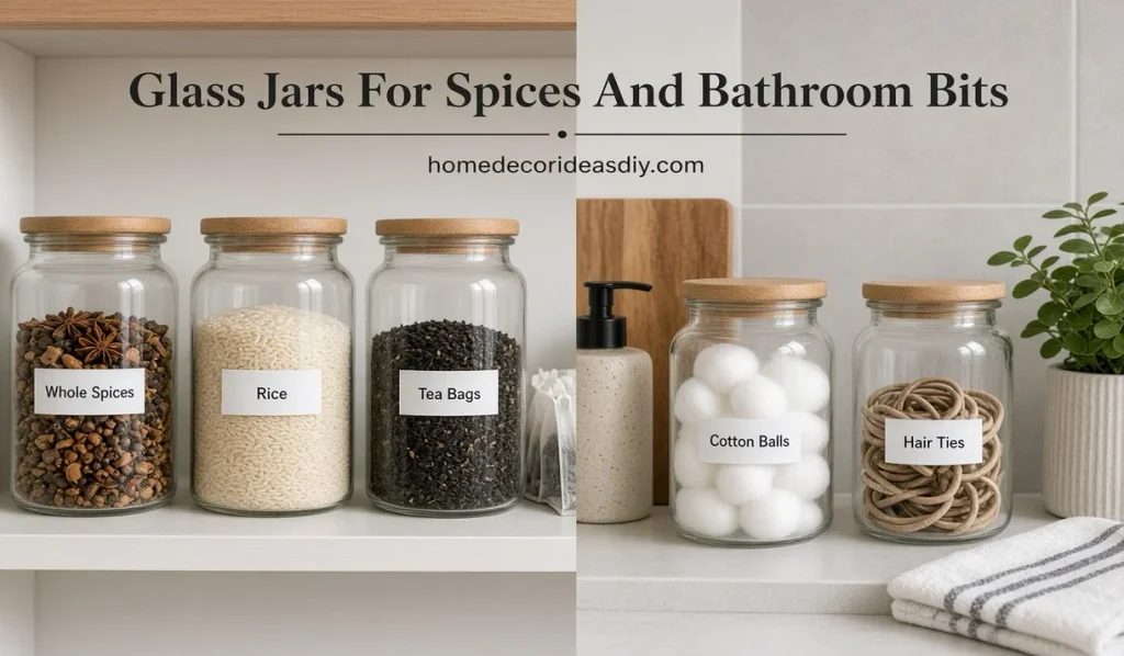Glass jars used for spices, rice, tea bags, cotton balls and hair ties.