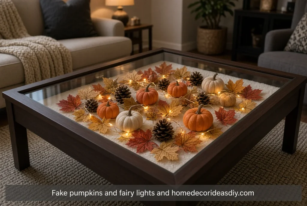 Shadow box coffee table with faux pumpkins, pinecones, and fairy lights under glass.