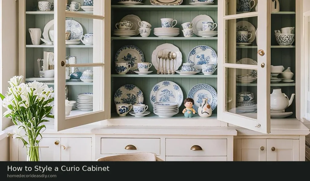Curio cabinets with glass doors styled with blue-and-white china and empty space.