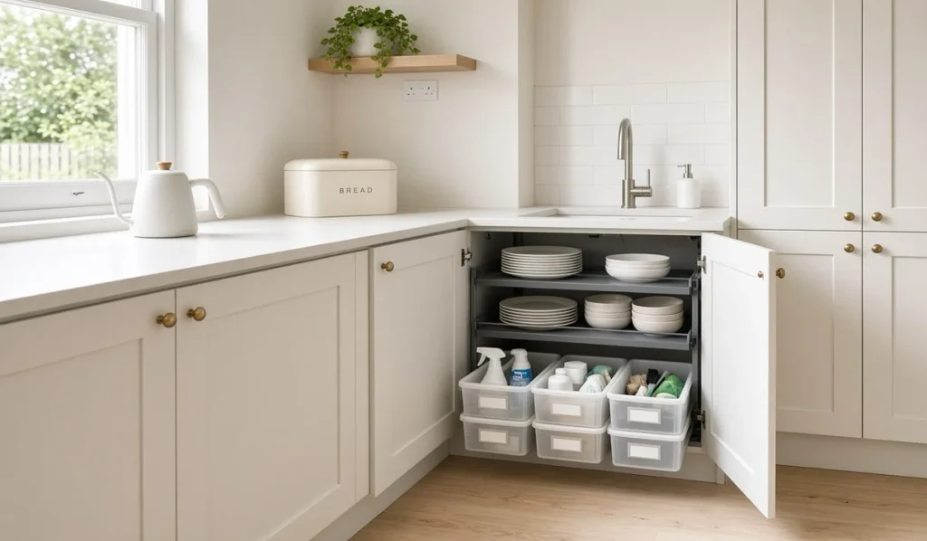 Clear kitchen counters and cupboard storage when you organize a small house.