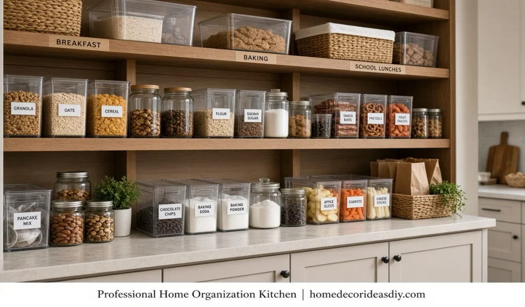 Professional home organization of kitchen pantry with clear bins grouped by use.