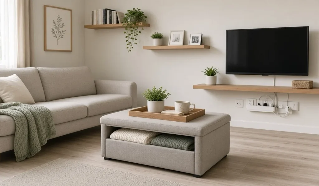 Small living room organized with a storage ottoman, floating shelves and neat cables.