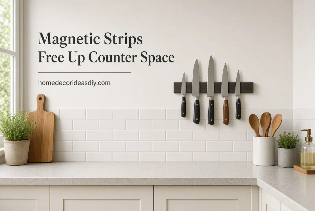 Magnetic knife strip on kitchen wall freeing counter space – small home organization ideas on a budget.