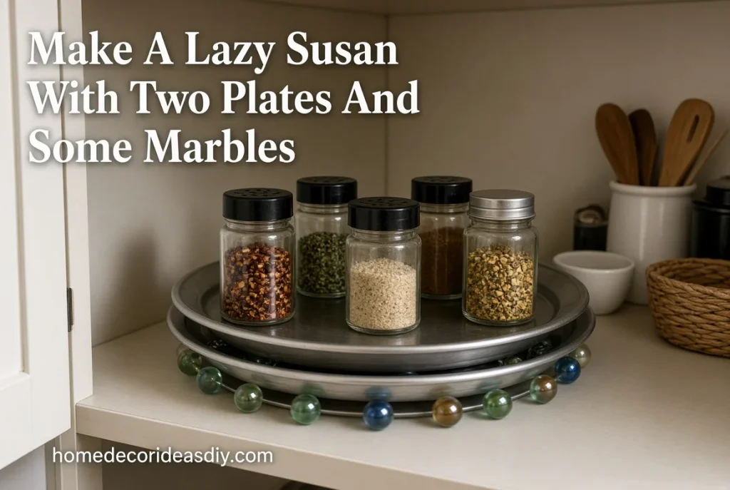 DIY lazy Susan made from two plates and marbles holding spices – small home organization ideas on a budget.