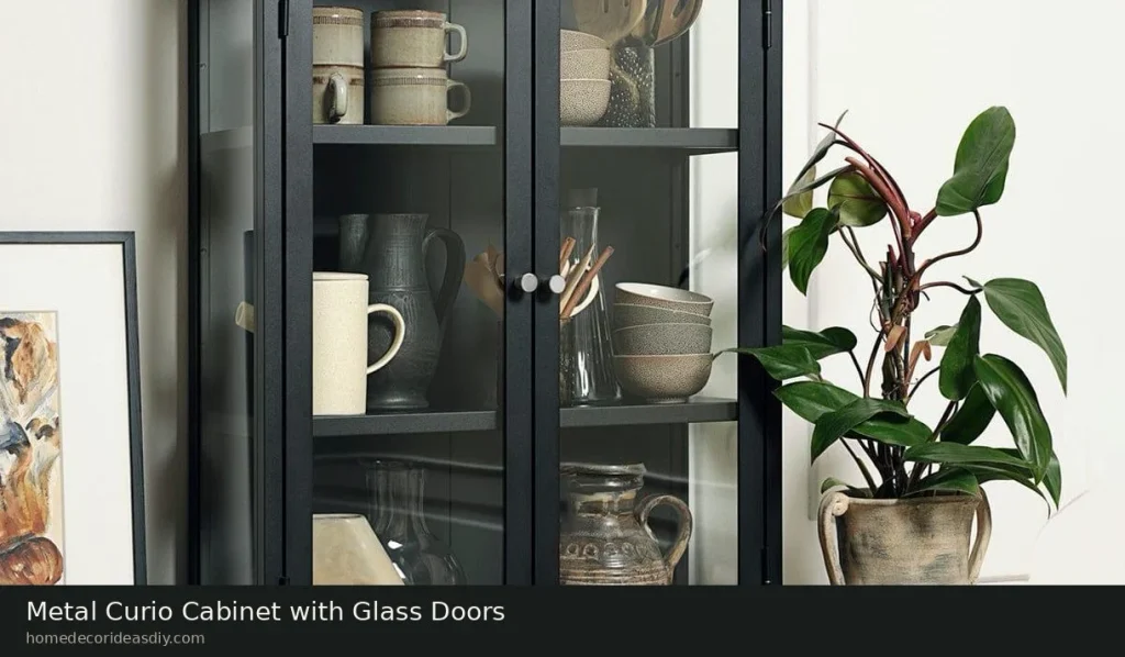 Modern metal curio cabinets with glass doors beside ceramics and a plant..
