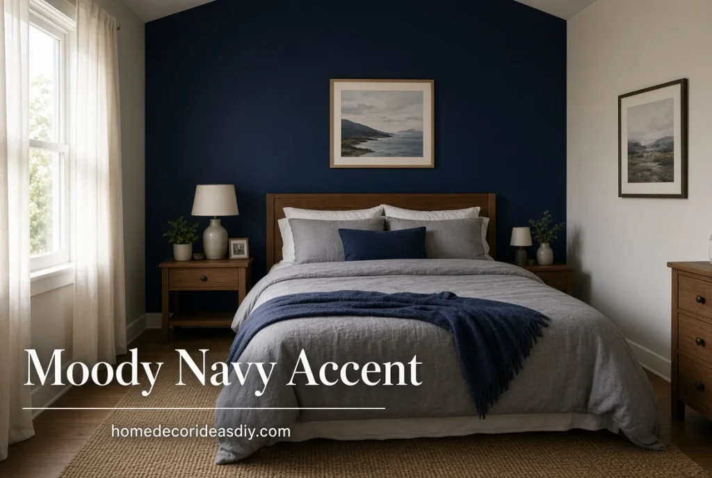 Best Colors for a Small Bedroom with a single navy accent wall behind the bed.