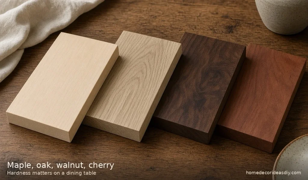 Solid wood dining table species samples of maple, oak, walnut and cherry.