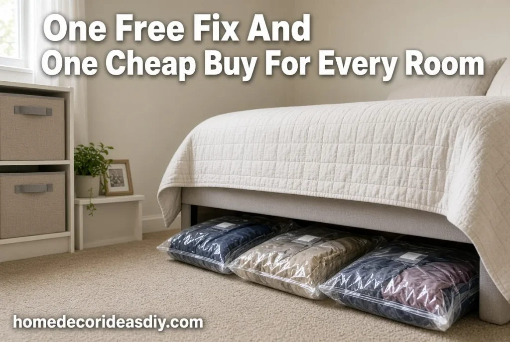 Vacuum bags under bed and fabric bins for small home organization ideas on a budget.