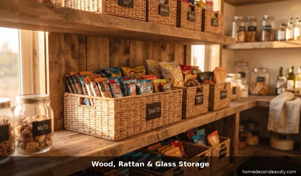 home organization trend news wood rattan seagrass and glass storage replacing plastic bins.