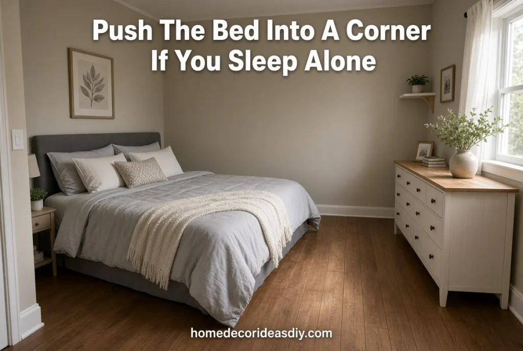 Small Bedroom Ideas With Queen Bed pushed into a corner in a 10x10 room for more open floor space.