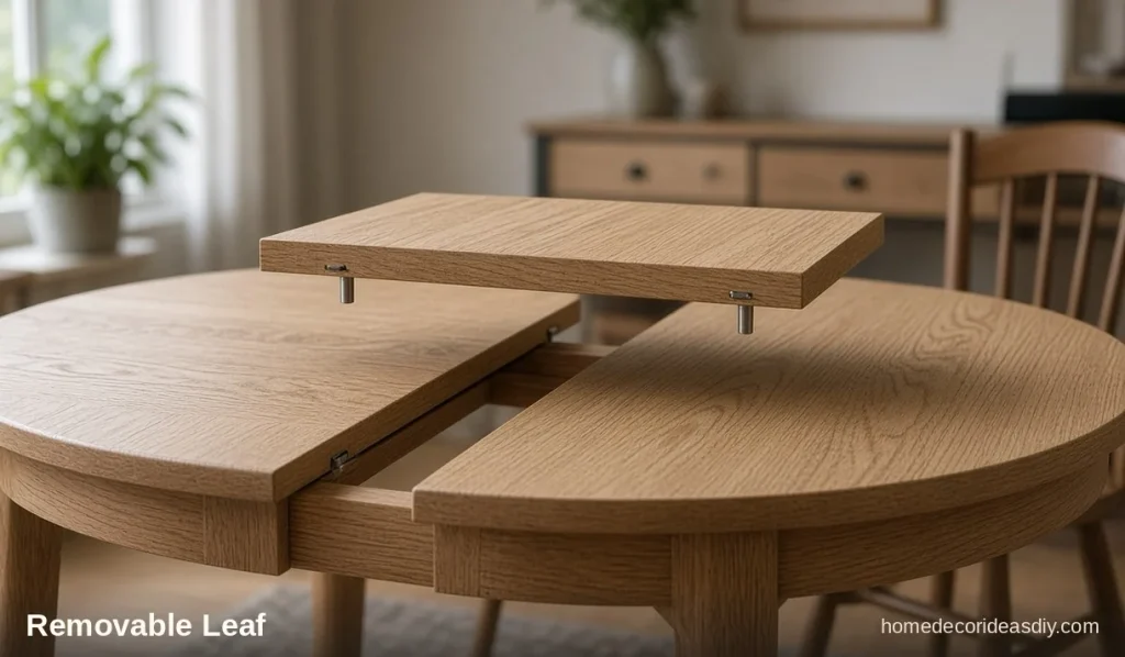 Removable leaf board lowered into a round table with leaf.