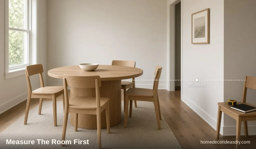 Round table with leaf closed, with walking room beside the chairs.