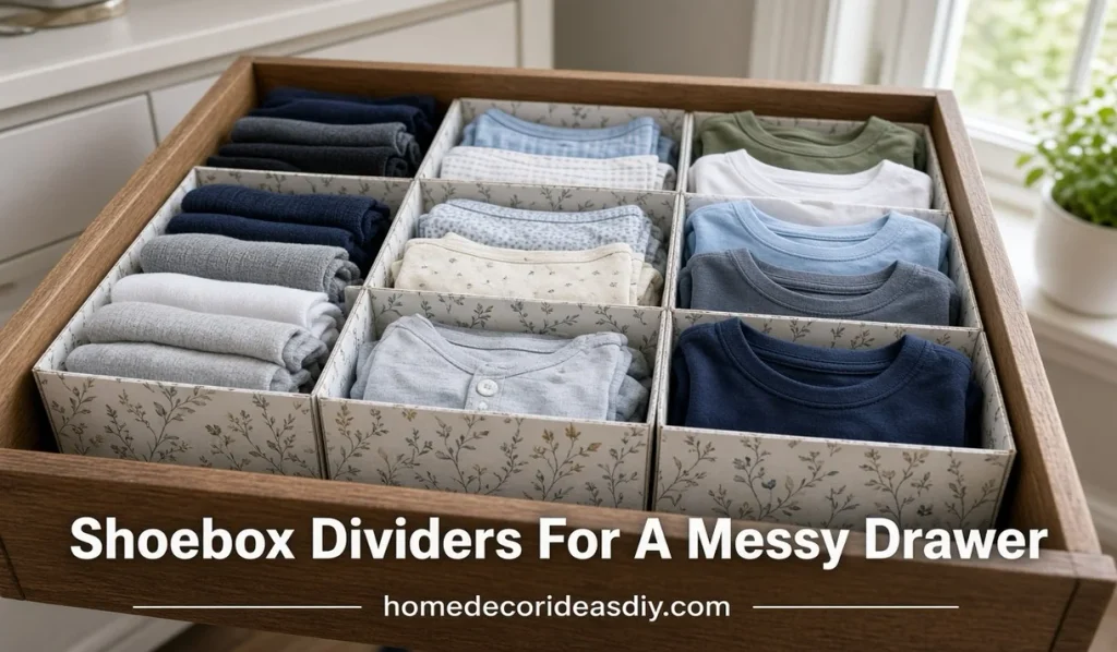 Shoebox drawer dividers with folded socks and standing t-shirts.