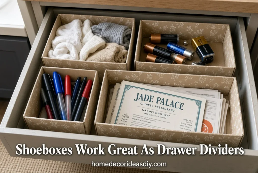 Shoeboxes used as drawer dividers for socks, batteries and papers – small home organization ideas on a budget.