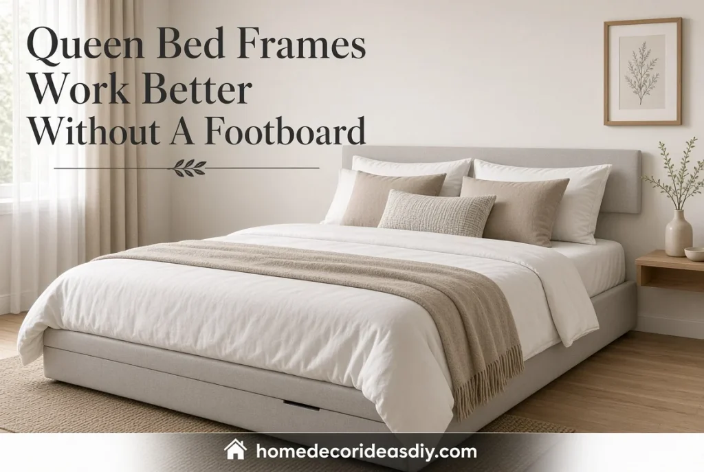 Small Bedroom Ideas With Queen Bed using a no-footboard frame to save length in a tight room.