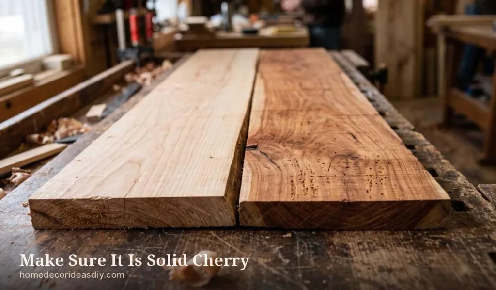 Solid cherry wood bed frame stock, thick boards with grain through the edge.