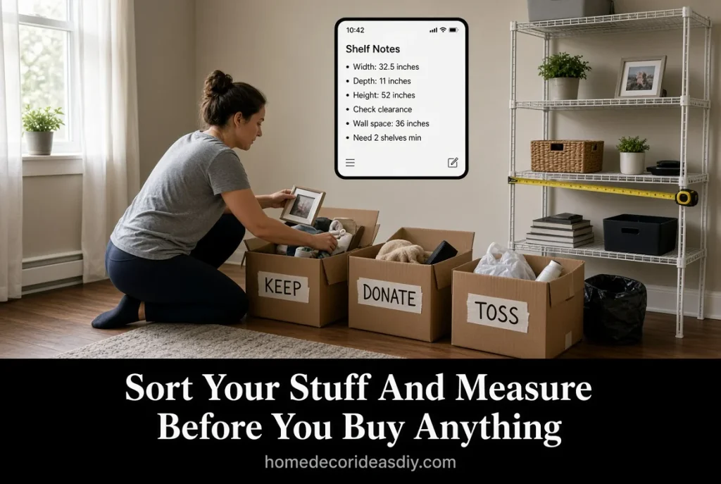 Sorting keep donate and toss boxes while measuring shelves for small home organization ideas on a budget.