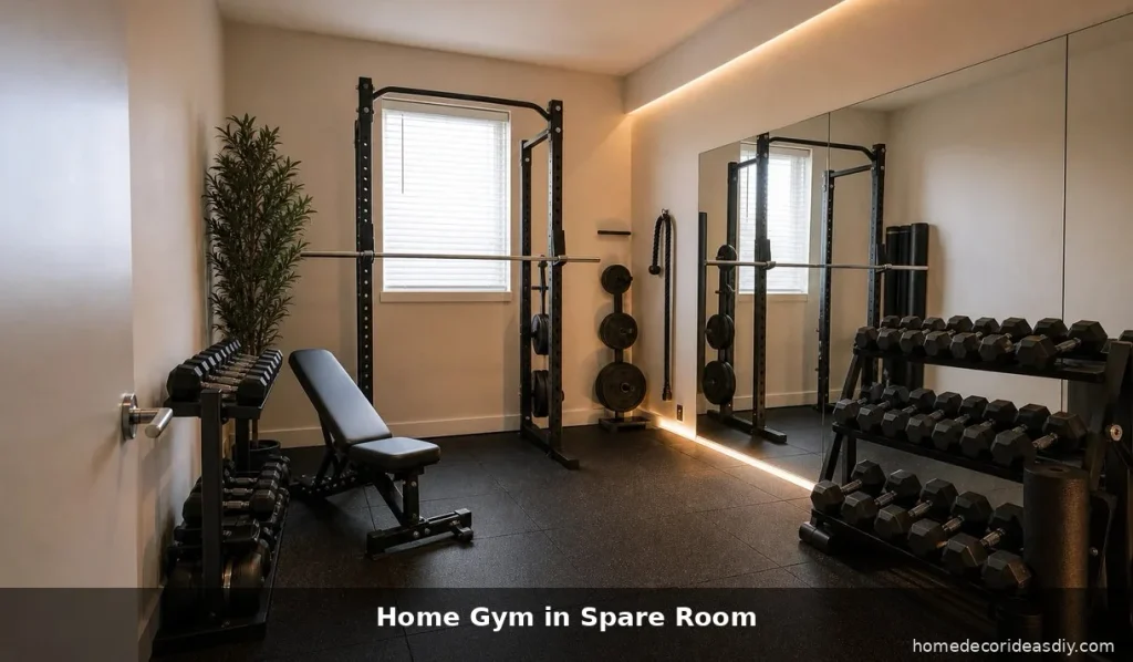 home organization trend news home gym corner in spare room with wall rack and organized equipment.