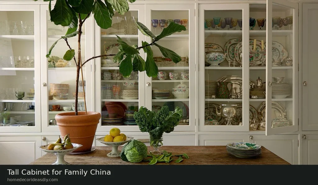 Tall curio cabinets with glass doors filled with family china and glassware.
