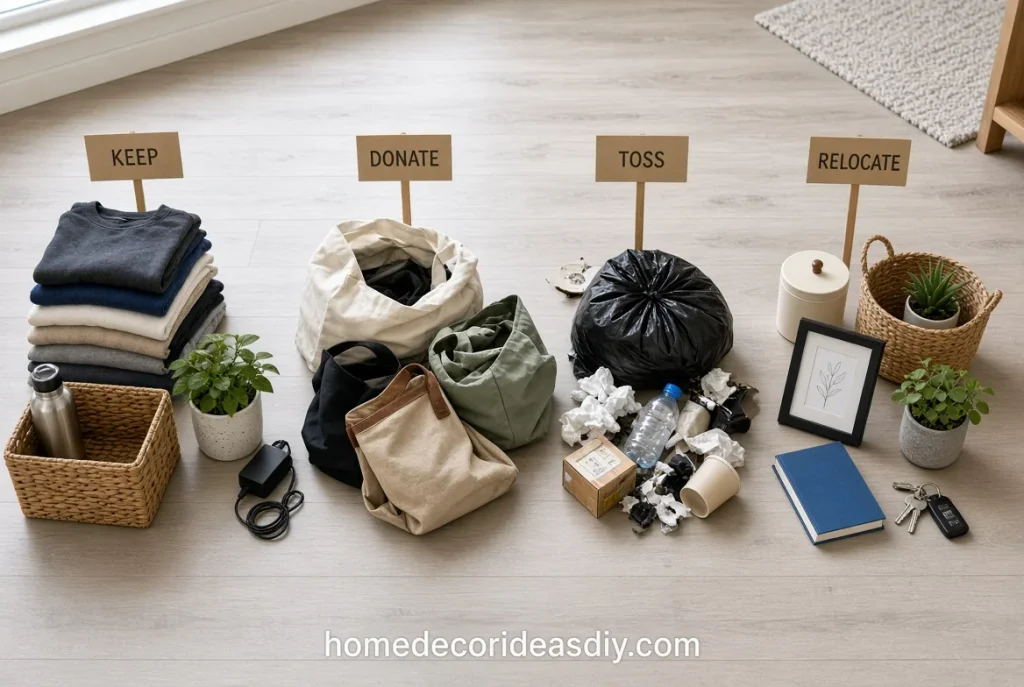 Four sorting piles used by a home organization professional during a session.