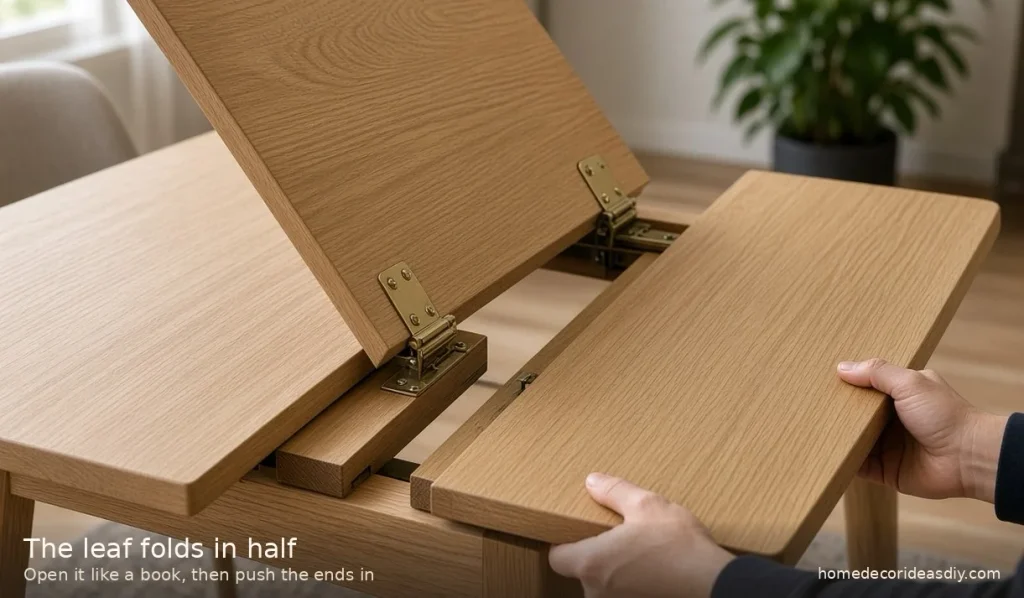 Butterfly leaf dining tables with the hinged leaf opening out of the center gap.