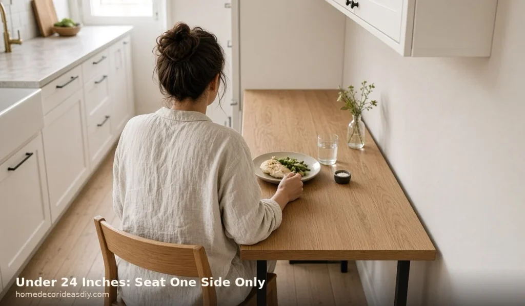 Long narrow kitchen table with one person seated on a single side.