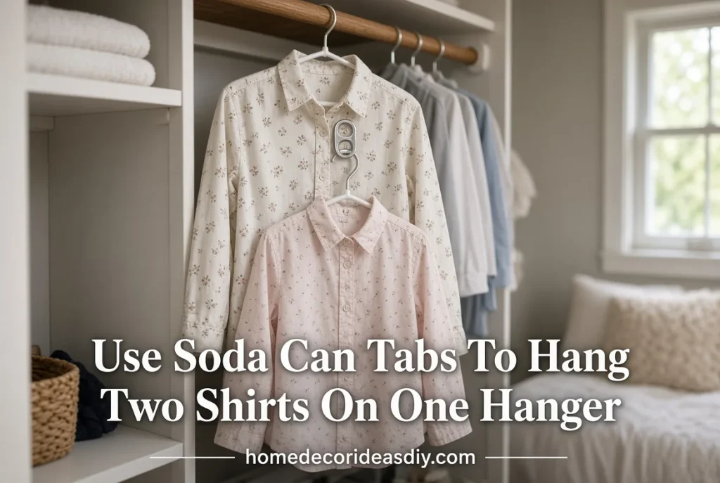 Soda can tabs used to hang two shirts on one hanger in a small closet – budget organization hack.