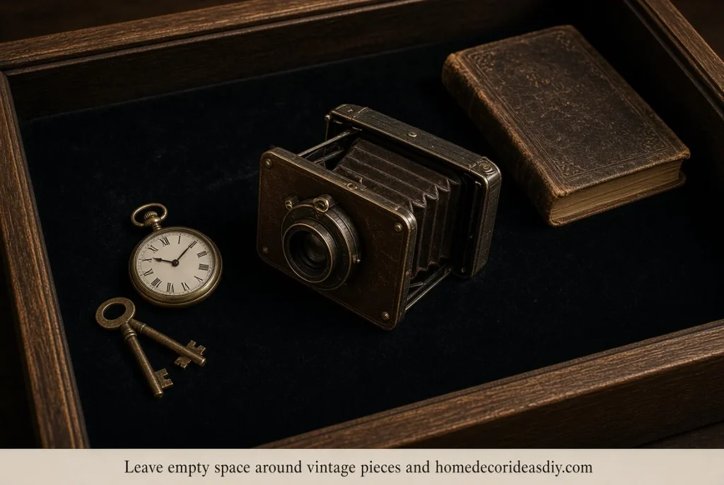 Shadow box coffee table with a camera, pocket watch, and keys spaced on dark liner.