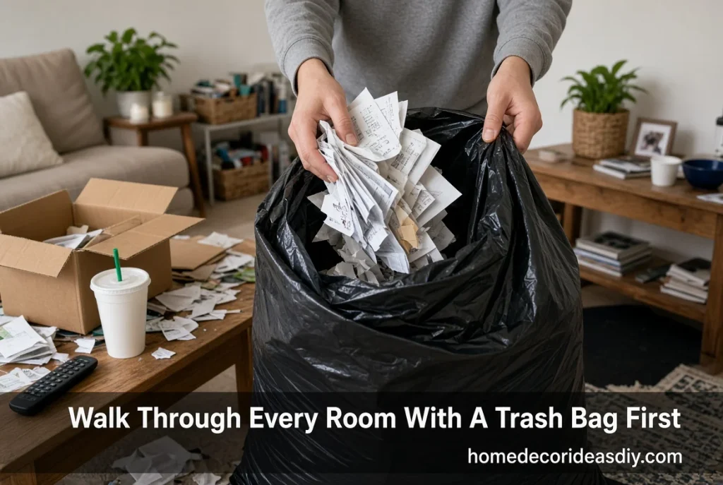 How to Organize a Cluttered Home by collecting trash first with one bag.