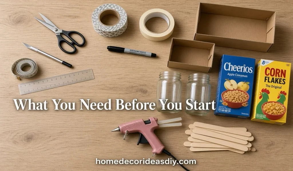 DIY Home Organization Ideas for Beginners supplies scissors, glue gun, shoeboxes, jars and cereal boxes.