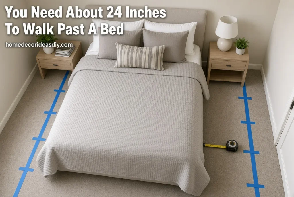 Small Bedroom Ideas With Queen Bed showing 24-inch minimum side clearance marked with tape.