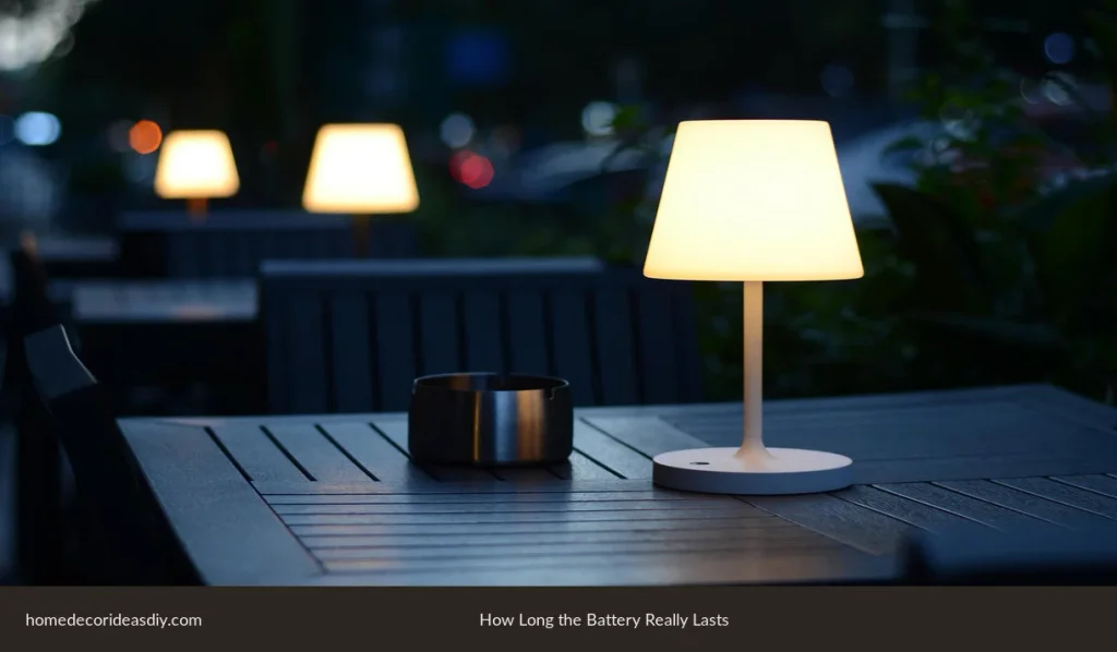 Outdoor table lamps at dinner brightness on an outdoor table after dark.