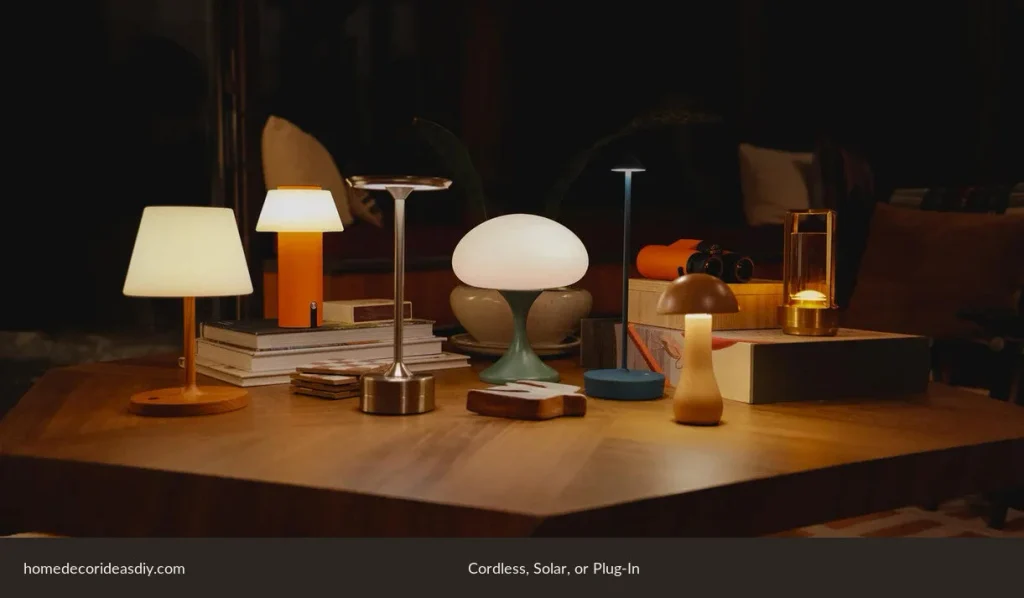 Outdoor table lamps in cordless rechargeable styles with warm shades