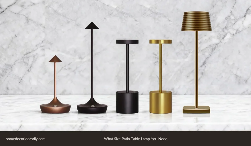 Outdoor table lamps in different heights so the light stays below eye level.